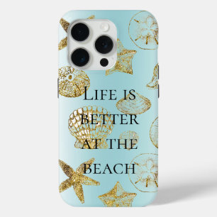 Coque iPhone 15 Pro Blue Beach Gold Sea Shells