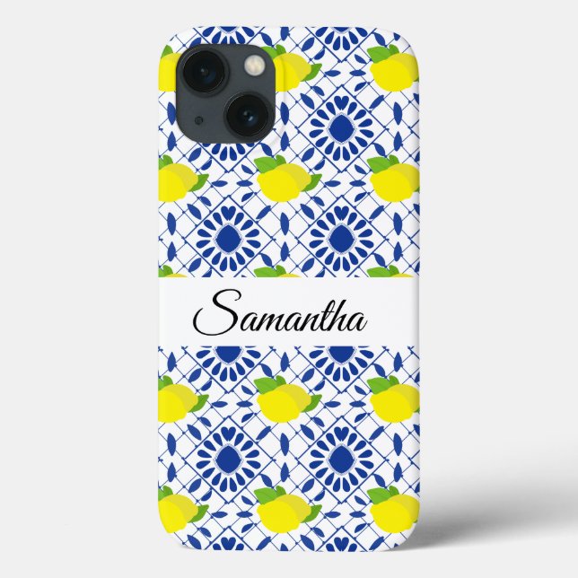 Coques Case-Mate iPhone Blue Geometric Lemon Tile (Verso)
