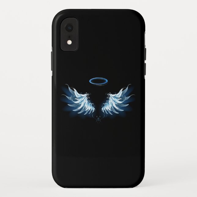 Coques Case-Mate iPhone Blue Glowing Angel Wings on black background (Dos)