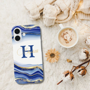 Coque Pour iPhone 16 Blue Gold Ink Monogramme Nom initial