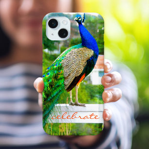 Coque iPhone 15 Mini Blue Green Peacock Photo Celebrate Script Modern