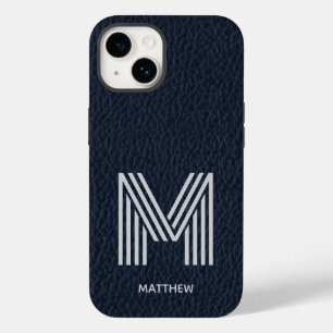 Coque Pour iPhone 14 Blue Leather Bold Monogram Masculine I Phone case