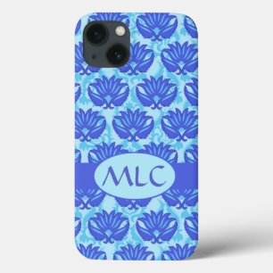 iPhone 13 Coque Blue Navy Turquoise Moderne Damask Monogramme Pers