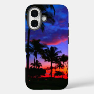 Coque Pour iPhone 16 Blue Red Sunset Exotic Hawaiian Beach Palm Trees