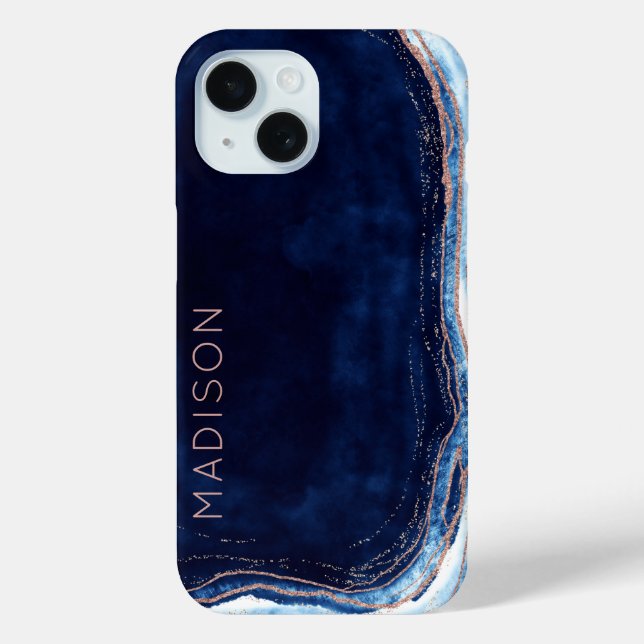 Coques Case-Mate iPhone Blue Sapphire & Rose Gold Geode Agate Personnalisé (Verso)