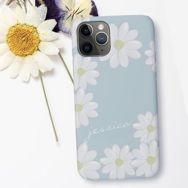 Coques Case-Mate iPhone Blue Sky Springtime Daisées Personnalisées (a pretty daisy pattern on a springtime blue sky with space for your name)