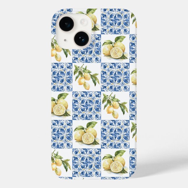 Coques Case-Mate iPhone Blue Tile French Country Lemon Pattern (Verso)