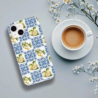 Coque Pour iPhone 14 Blue Tile French Country Lemon Pattern
