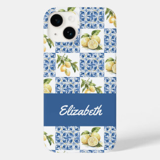 Coque Pour iPhone 14 Blue Tile French Country Lemon Pattern Name