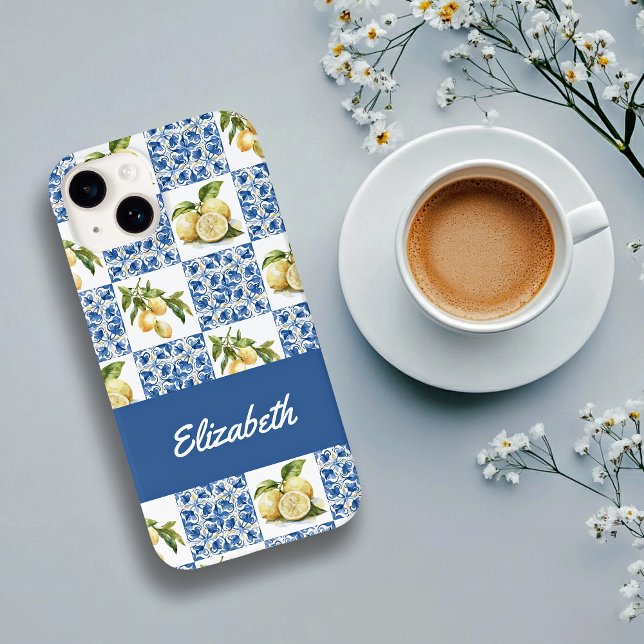 Coques Case-Mate iPhone Blue Tile French Country Lemon Pattern Name (Créateur téléchargé)