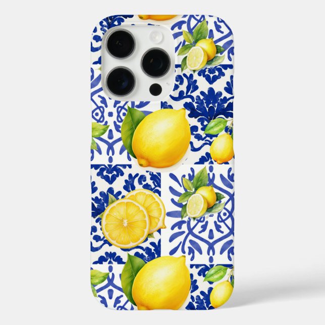 Coques Case-Mate iPhone Blue White Lemon Tile Pattern Mediterranean Citrus (Verso)