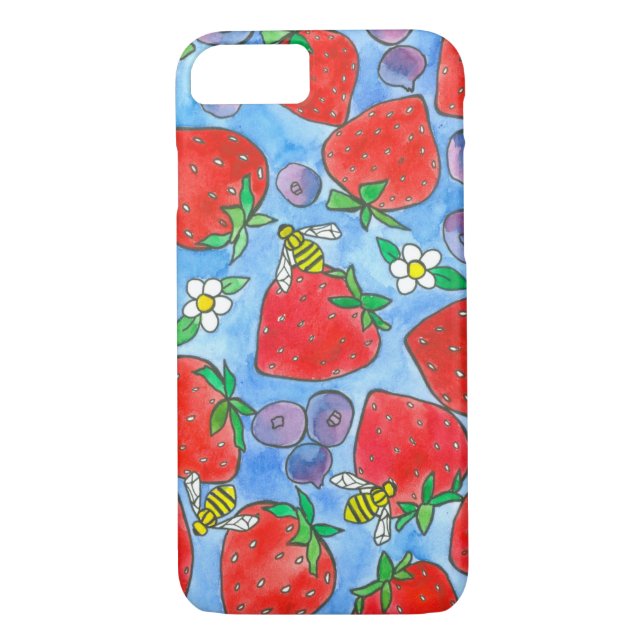 Coques Case-Mate iPhone Blueberries Fraises Aquarelle d'abeilles de miel (Dos)