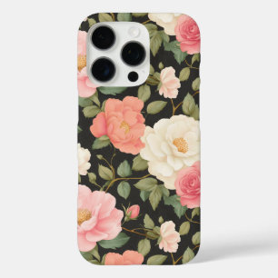 Coques iPhone 16 Pro Blush Élégant et Roses Ivory sur Fond Noir Classiq