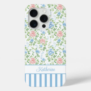 Coque iPhone 15 Pro Blush Monogramme Floral Aquarelle Bleu 