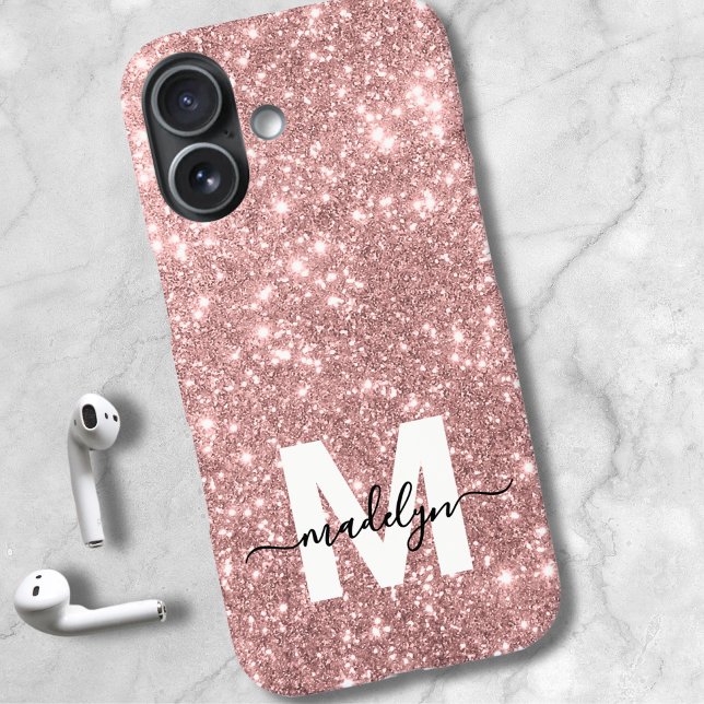 Coques Case-Mate iPhone Blush Rose Rose Gold Parties scintillant Nom Monog (Blush Pink Rose Gold Glitter Name Monogram iPhone 16 Case)