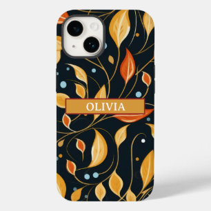 Coque Pour iPhone 14 Boho Automne Fleurs Noir Orange Téléphone Personna