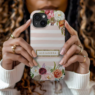 Coque Pour iPhone 15 Boho Blooms Blush Rayure Monogramme
