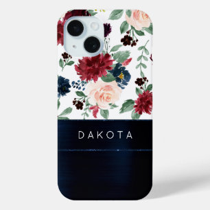 Coque Pour iPhone 15 Boho Blooms   Russe Navy Blue et Bourgogne Custom
