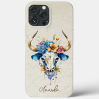 Boho Chic Aquarelle Florale Vache Crâne