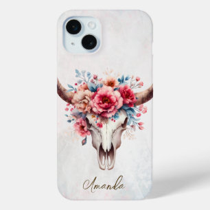 Coque iPhone 15 Mini Boho Chic Aquarelle Florale Vache Crâne