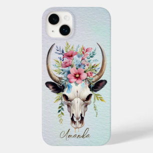 Coque Pour iPhone 14 Plus Boho Chic Aquarelle Florale Vache Crâne