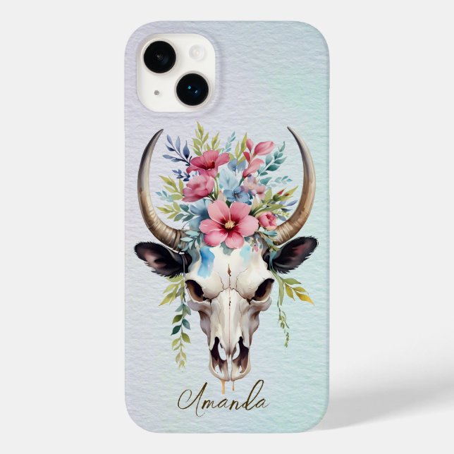 Coques Case-Mate iPhone Boho Chic Aquarelle Florale Vache Crâne (Verso)