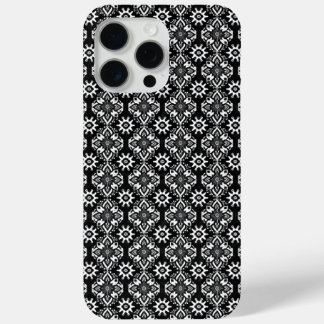 Coque iPhone 15 Pro Max Boho Chic noir et blanc motif floral