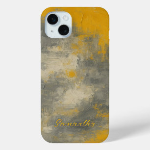 Coque iPhone 15 Mini Boho Elegance Abstraite moutarde & Gris Art