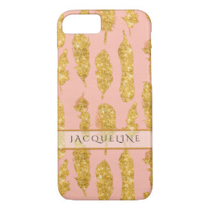 Coque iPhone 7 Boho Feathers Gold Parties scintillant Pink Aquare