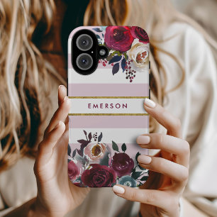 Coque Pour iPhone 16 Boho Floral à rayures Monogramme Rose Poussiéreuse