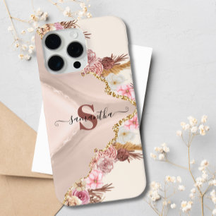 Coque iPhone 15 Pro Max Boho Floral Agate Rose or rose Monogramme