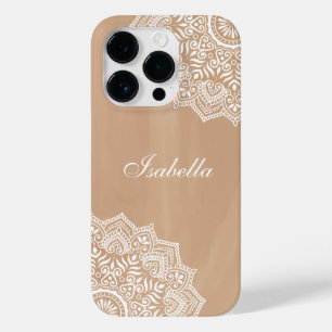 Coque Pour iPhone 14 Pro Boho Neutral Mandala Nom personnalisé