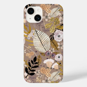 Coque Pour iPhone 14 Boho Noir Blanc Or Pêche Feuille Floral Dessiné