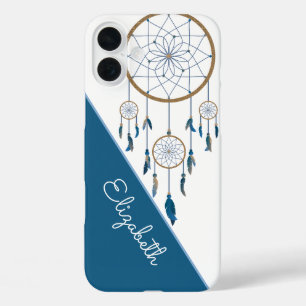 Coques iPhone 16 Plus Boho Nom personnalisé Dreamcatcher Bleu Blancs Plu