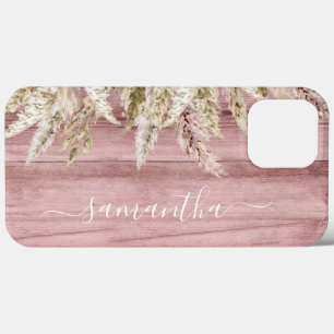Case-Mate iPhone Case Boho Pampas Gris Rose Bois Look Monogramme