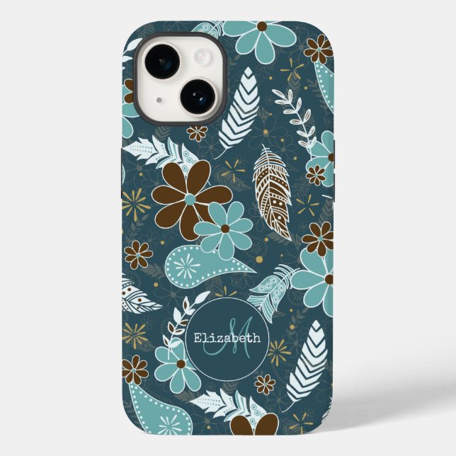 Coques Case-Mate iPhone Boho plumes doodle fleurs turquoise turquoise brun (Verso)