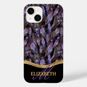 Coque Pour iPhone 14 Boho Purple Peacock Plumes Motif Monogramme