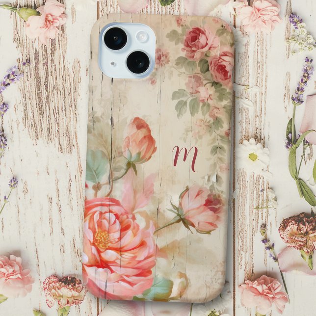 Coques Case-Mate iPhone Boho rustique aquarelle Roses antiques avec Monogr (Créateur téléchargé)