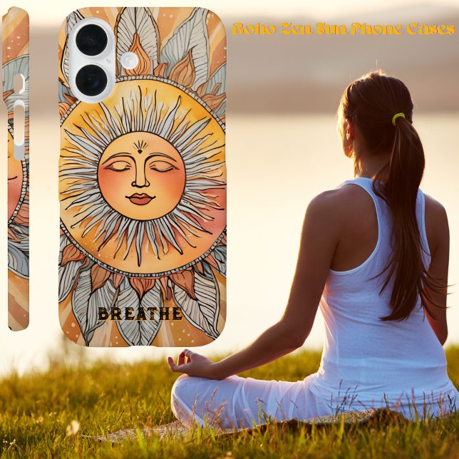 Coques Case-Mate iPhone Boho Zen Breathe Rappel Texte modifiable Calme Sol (Yellow, orange, burnt amber, & a reminder to "BREATHE" on beautiful Bohemian Zen sun phone case)