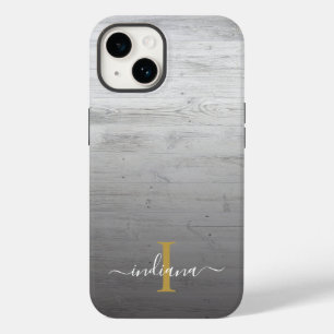 Coque Pour iPhone 14 Bois Gris Imprimé Rustique Nom Script Monogramme