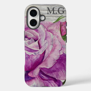 Coque Pour iPhone 16 Bois rustique Aquarelle violet Rose Monogramme