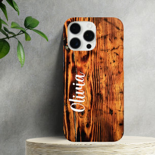 Coques iPhone 16 Pro Max Bois Vintage rustique & Nom personnalisé, Minimali