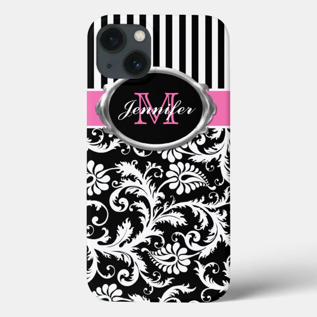 Coques Case-Mate iPhone Boîtier d'air Damas rayé rose, noir, blanc (Verso)