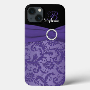 iPhone 13 Case Boîtier d'air monogramme violet et noir Damas iPad