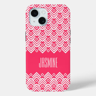 Coque Pour iPhone 15 Boîtier damassé en chevron rose et blanc