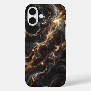 Coques iPhone 16 Plus Boîtier en marbre noir céleste de luxe - Brillance