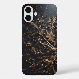 Coques iPhone 16 Plus Boîtier en marbre noir de luxe - Filigrane doré él