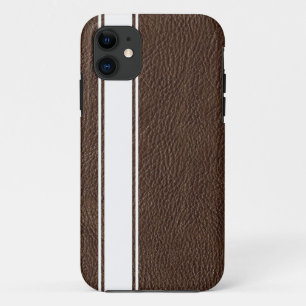 Coque iPhone 11 Boîtier Faux Brown cuir et bande blanche iPhone 5