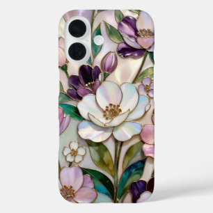 Coque Pour iPhone 16 Boîtier iPhone Fleurs en Verre Coloré Blanc Violet
