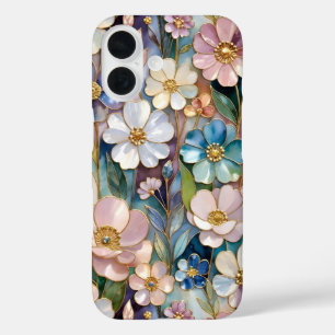 Coque Pour iPhone 16 Boîtier iPhone Fleurs en Verre Coloré Bleu Rose Pa
